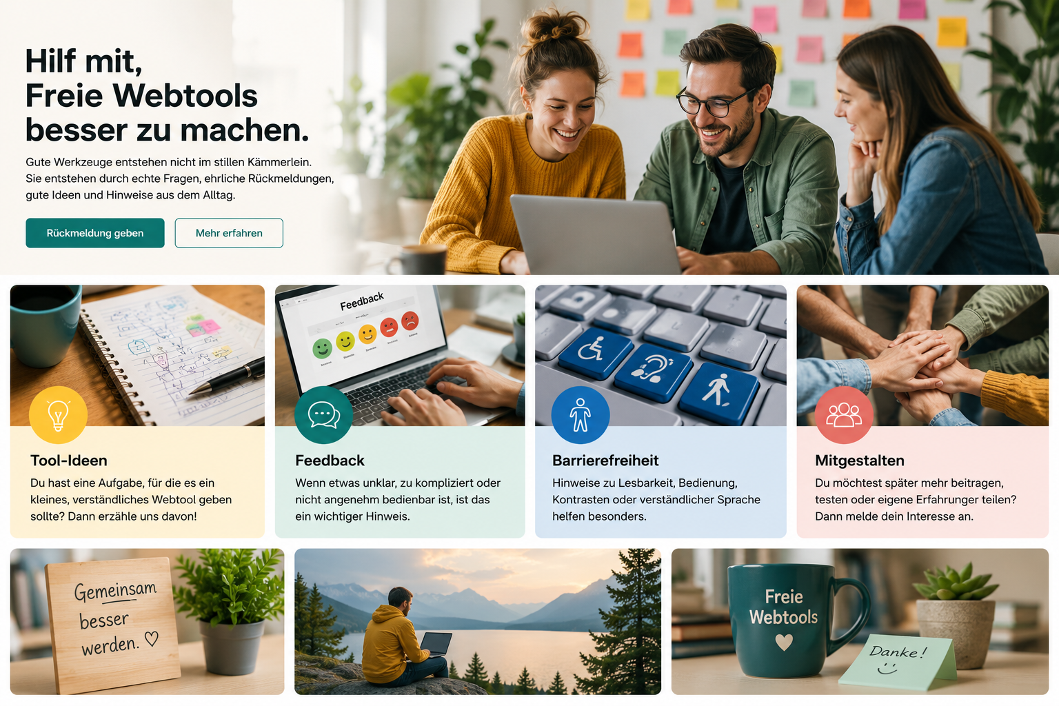 Collage zur Mitmachen-Seite mit Tool-Ideen, Feedback, Barrierefreiheit und gemeinsamer Beteiligung